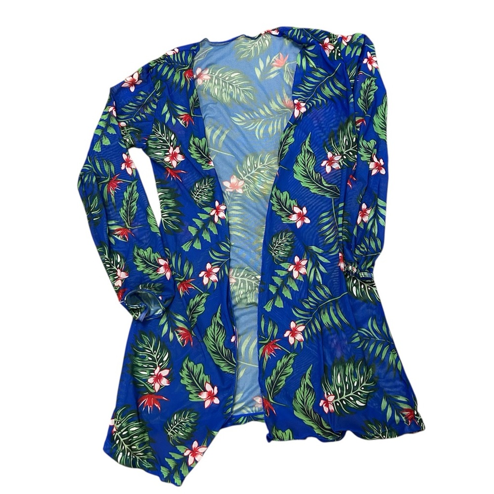 Blue Tropical Floral Sheer Swim Cover-Up | One Size | Beach Vacation - Picture 1 of 2